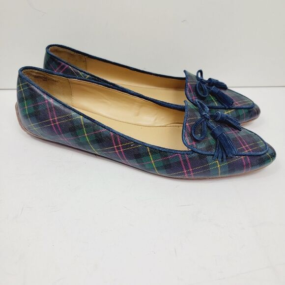 TALBOTS Francesca Tasseled Driving Moccasins Green Navy Tartan Plaid 8.5 - Picture 6 of 10